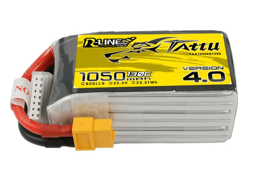 TATTU R-LINE 1050MAH 95C 4S XT60，perfect weight for more aggressive flying or higher cruising speeds, offering 4 to 6 minute run periods at just 117 grams