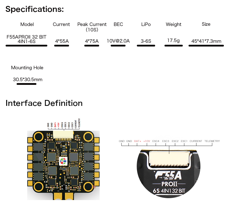 TMotor F55A ProII 55A ESC specification