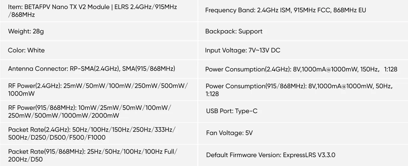 BETAFPV ELRS NANO TX V2 parameter