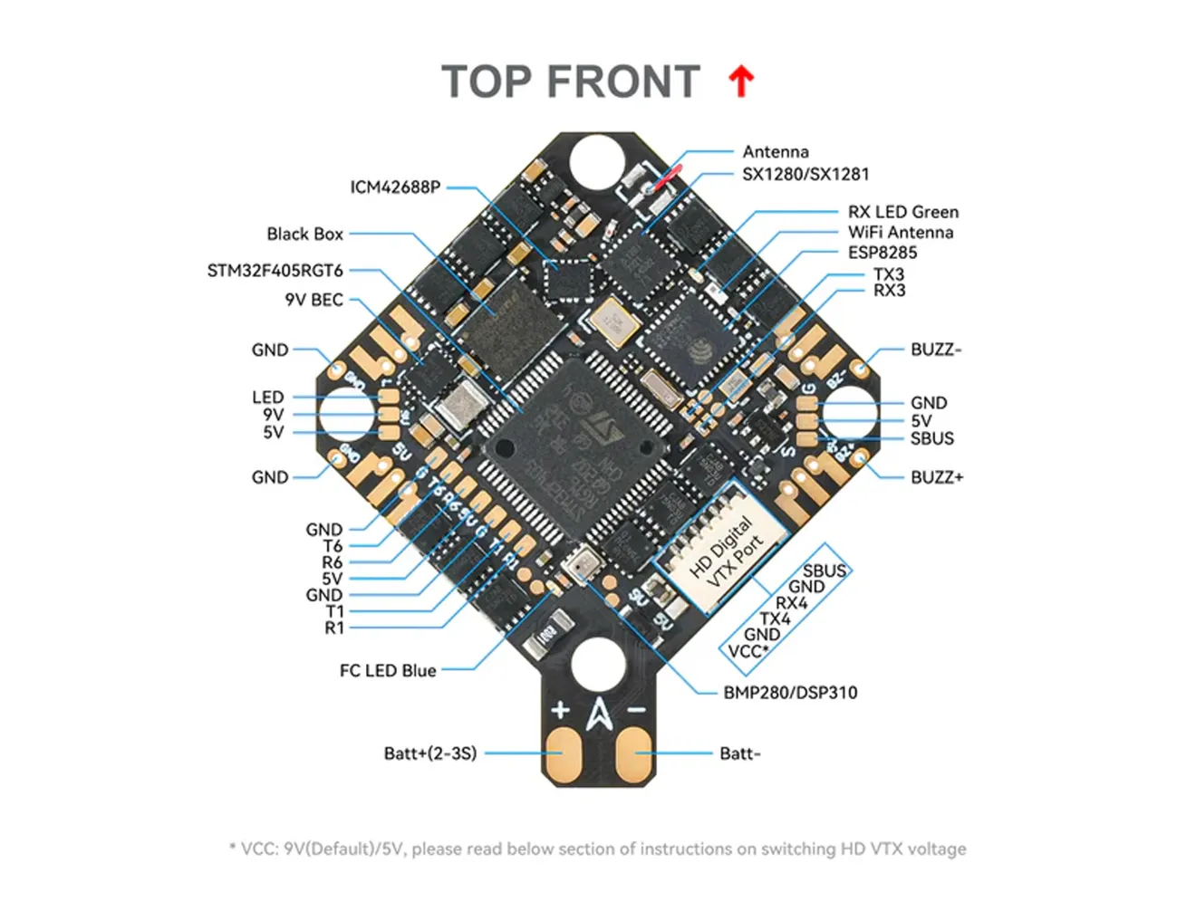 BetaFPV F4 20A AIO V1 top front configuration