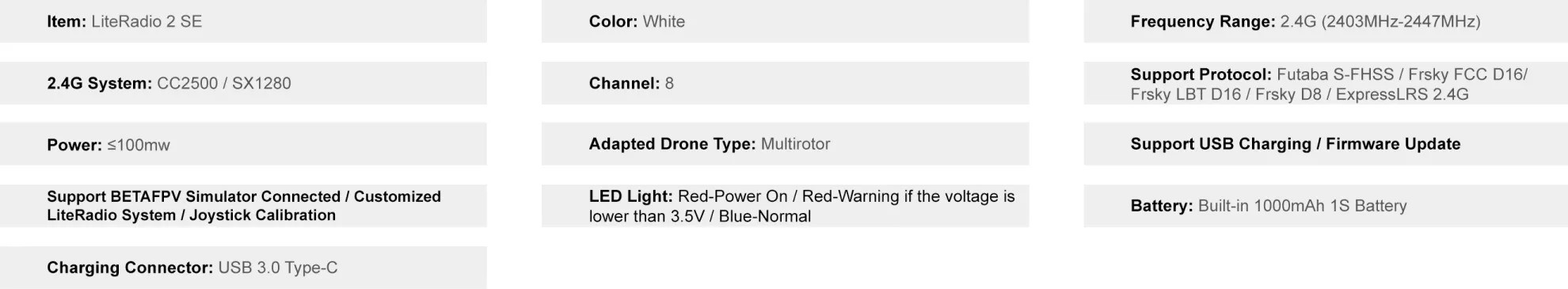 Betafpv Literadio 2 Se Radio Transmitter Package Parameter