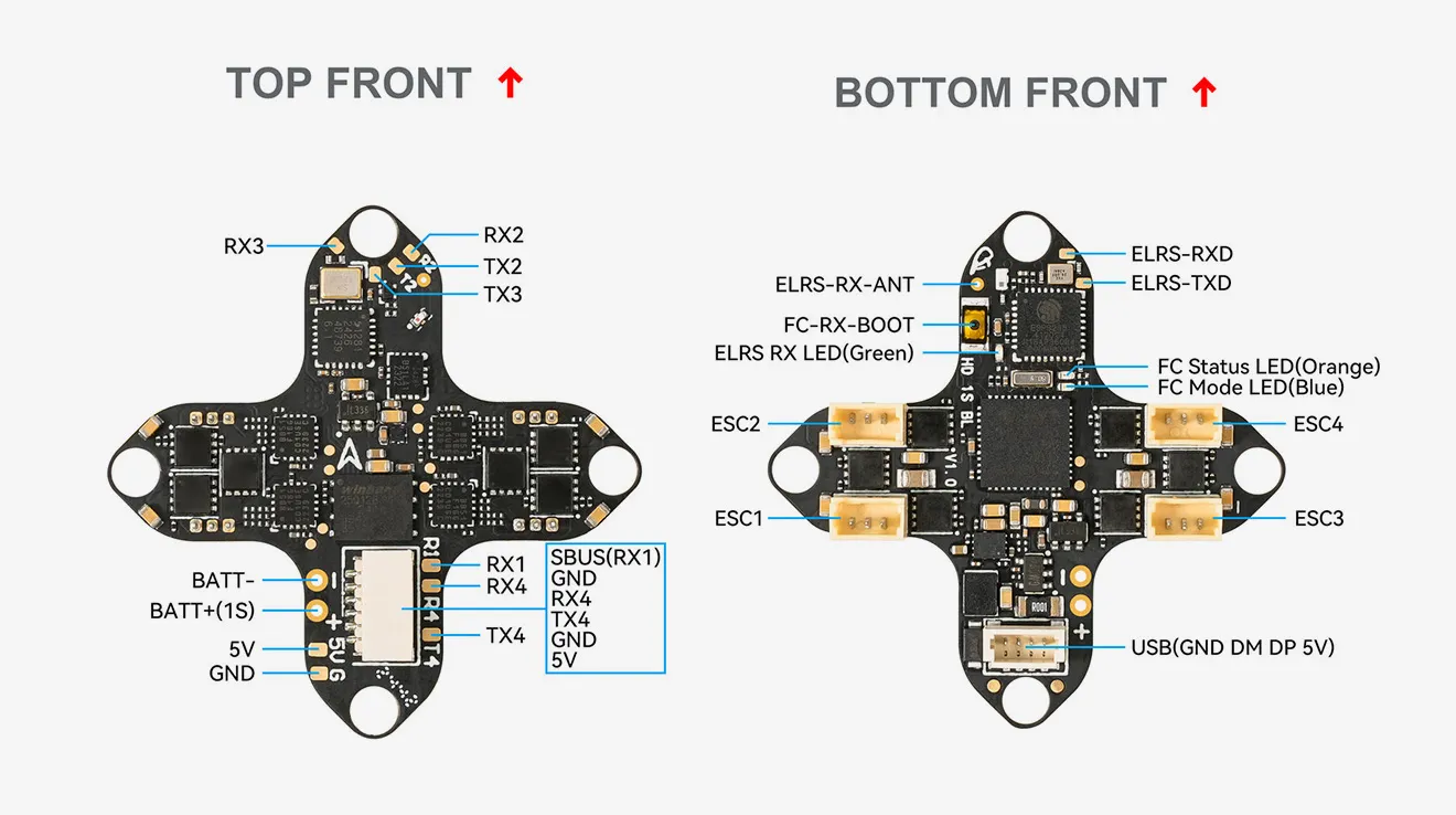 Betafpv Matrix 1s Brushless Flight Controller Top and Bottom Front