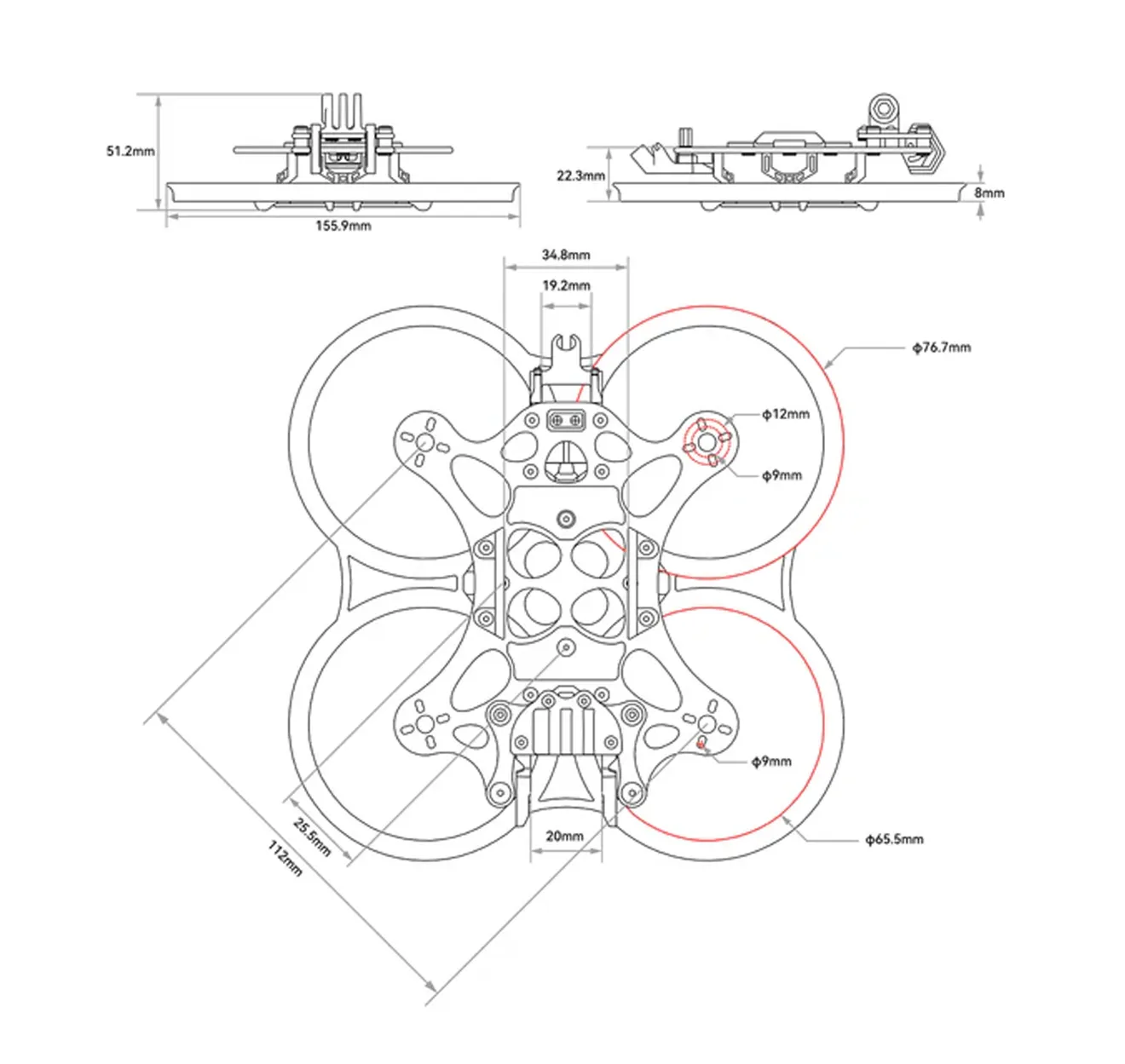 Pavo25 V2 Whoop Frame dimension