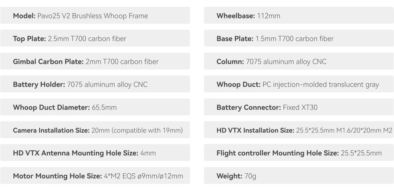 Pavo25 V2 Whoop Frame specifications