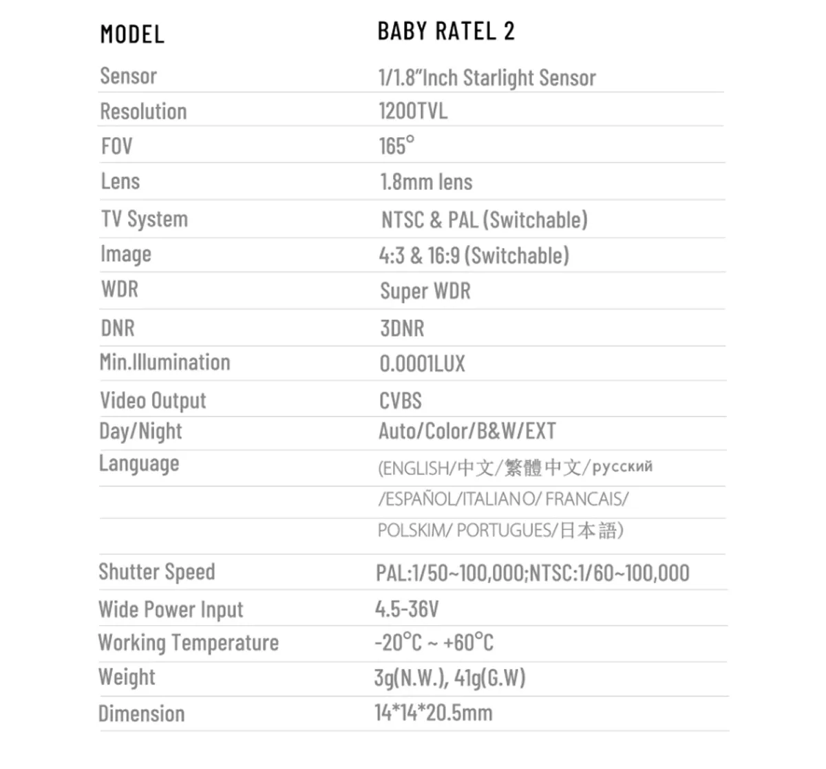 caddxfpv baby ratel2 analog camera specifications