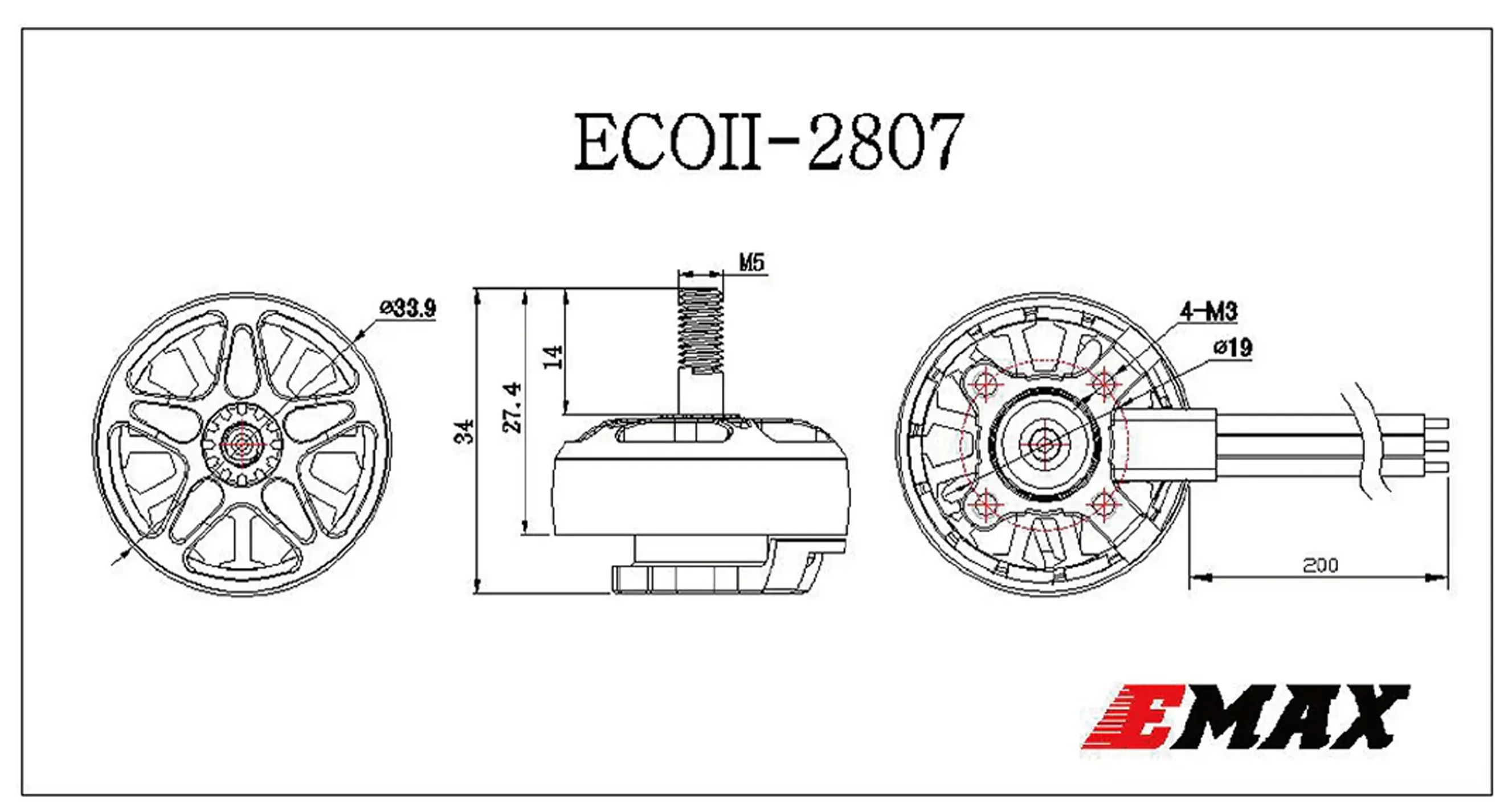 Emax ECO II 2807 brushless motor dimensions