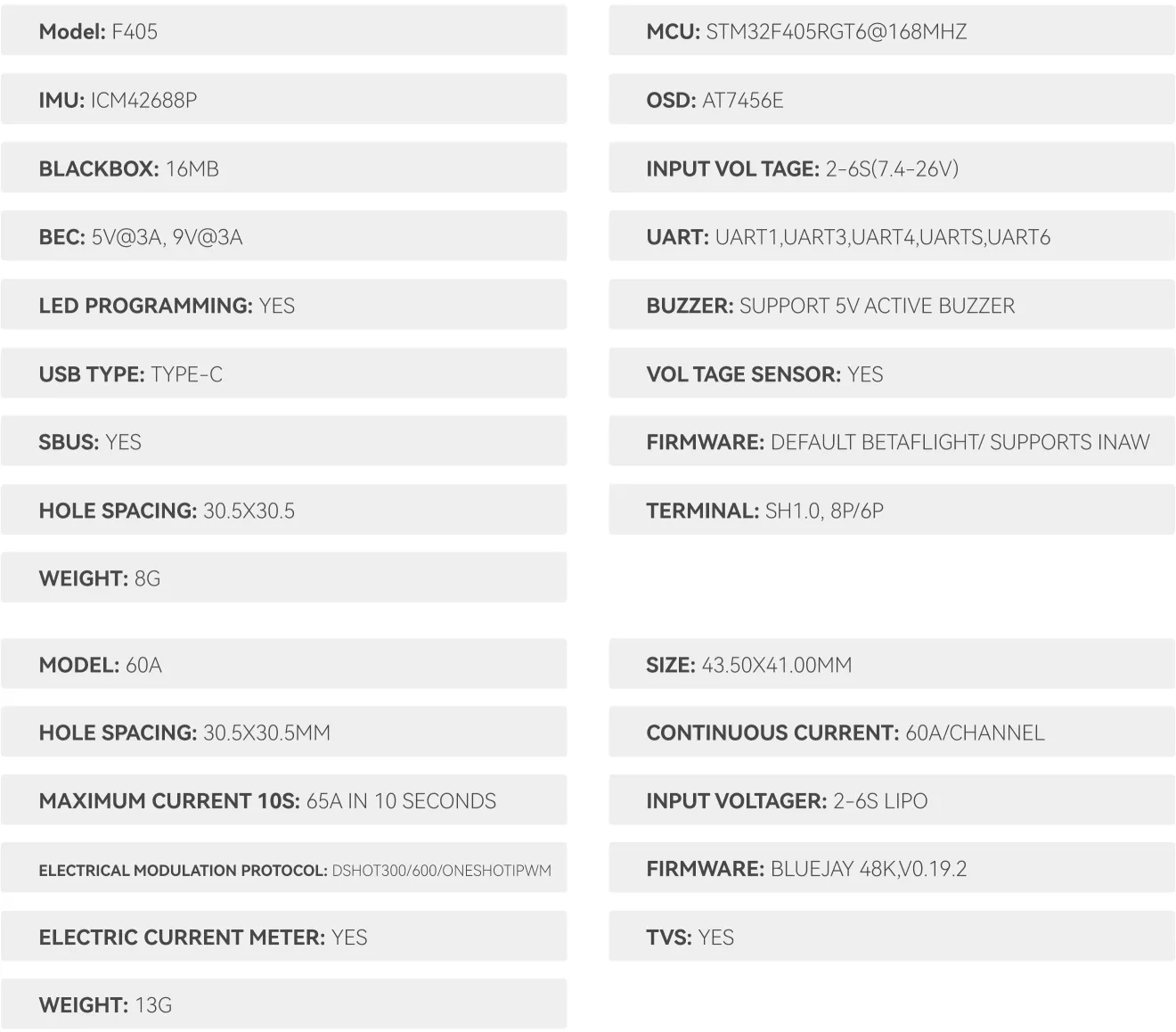 f405 60a flight controller stack specification p