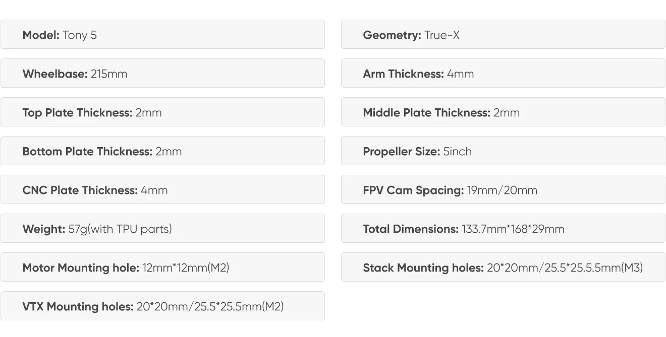 FlyfishRC Tony 5 Sub250 frame specification