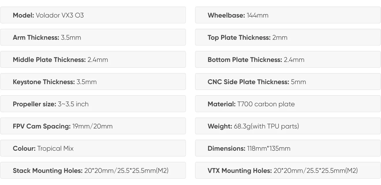 FlyfishRC Volador VX3 O3 frame specification