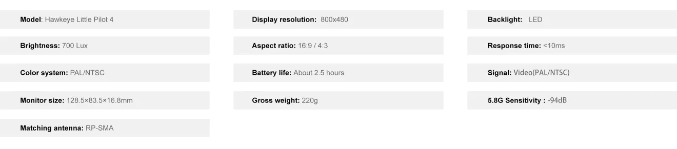 Hawkeye Little Pilot 4 Fpv Monitor Specification