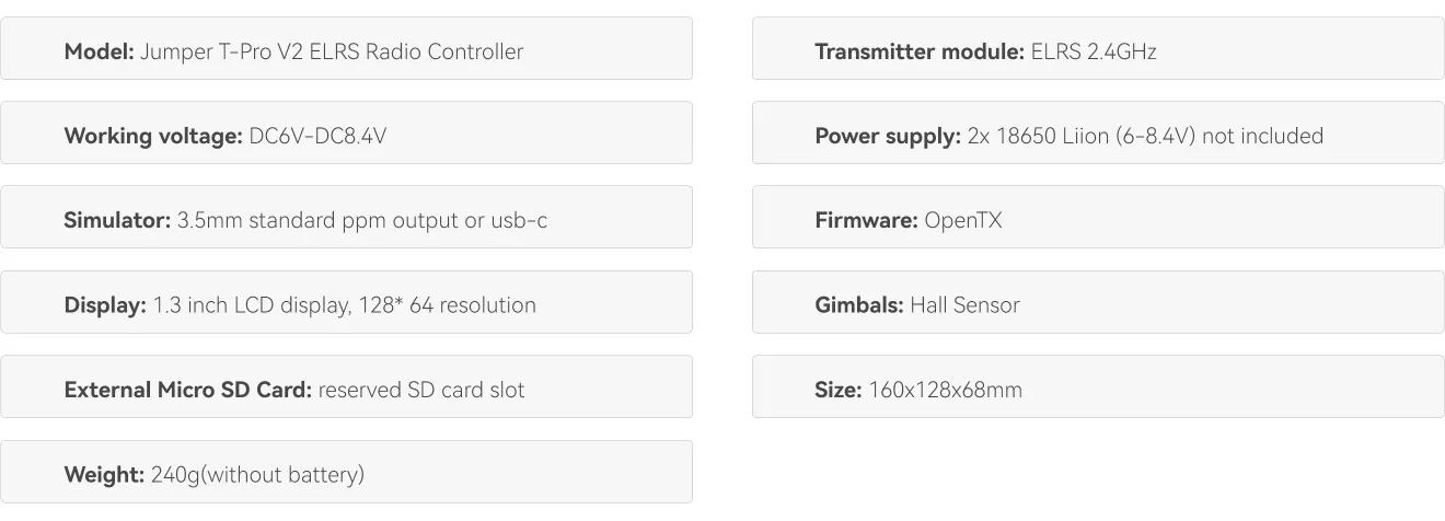 jumper t pro v2 2.4g elrs radio controller specification p