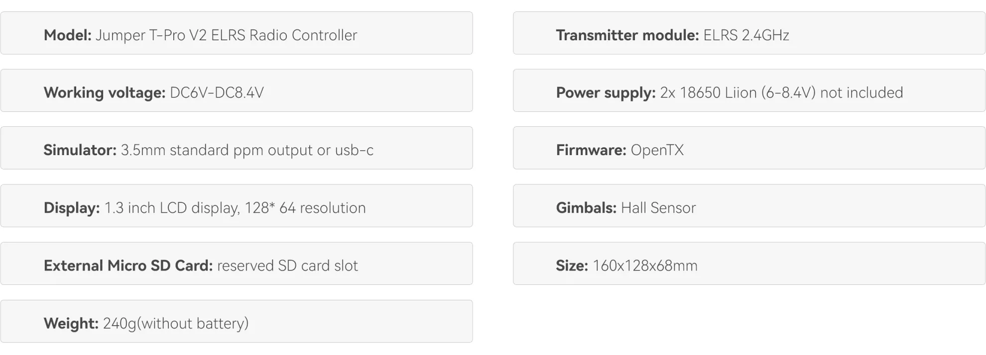 jumper t pro v2 2.4g elrs radio controller specification p