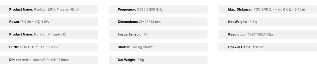 Runcam Link Phoenix Hd Fpv Camera Kit Parameter