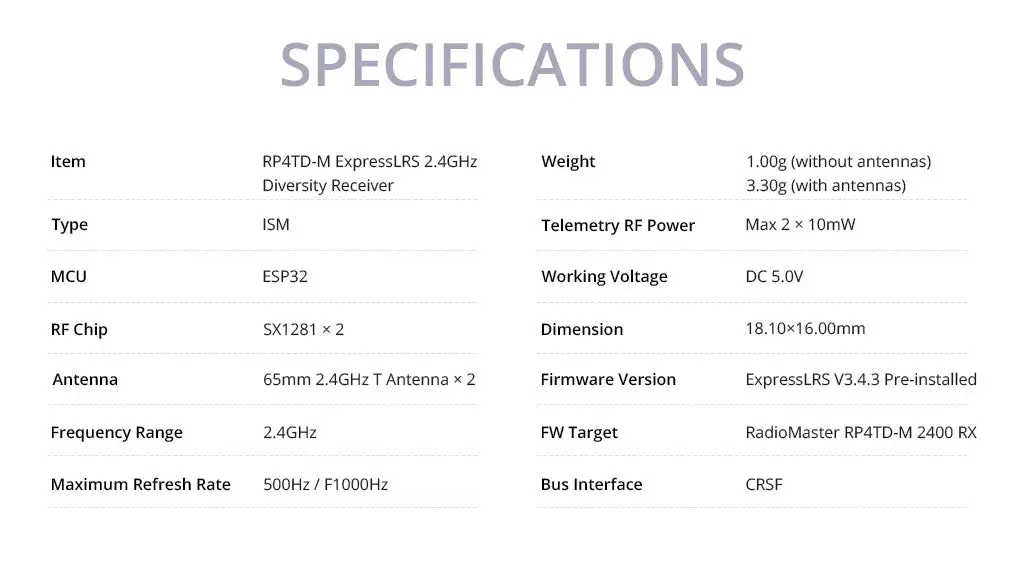 radiomaster rp4td m expresslrs 2.4ghz mini true diversity receiver data