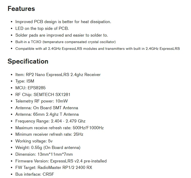 rp2 expresslrs 2.4ghz nano receiver specification