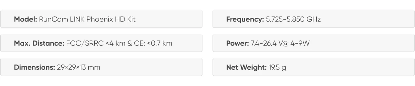 Runcam Link Phoenix HD Kit specifications