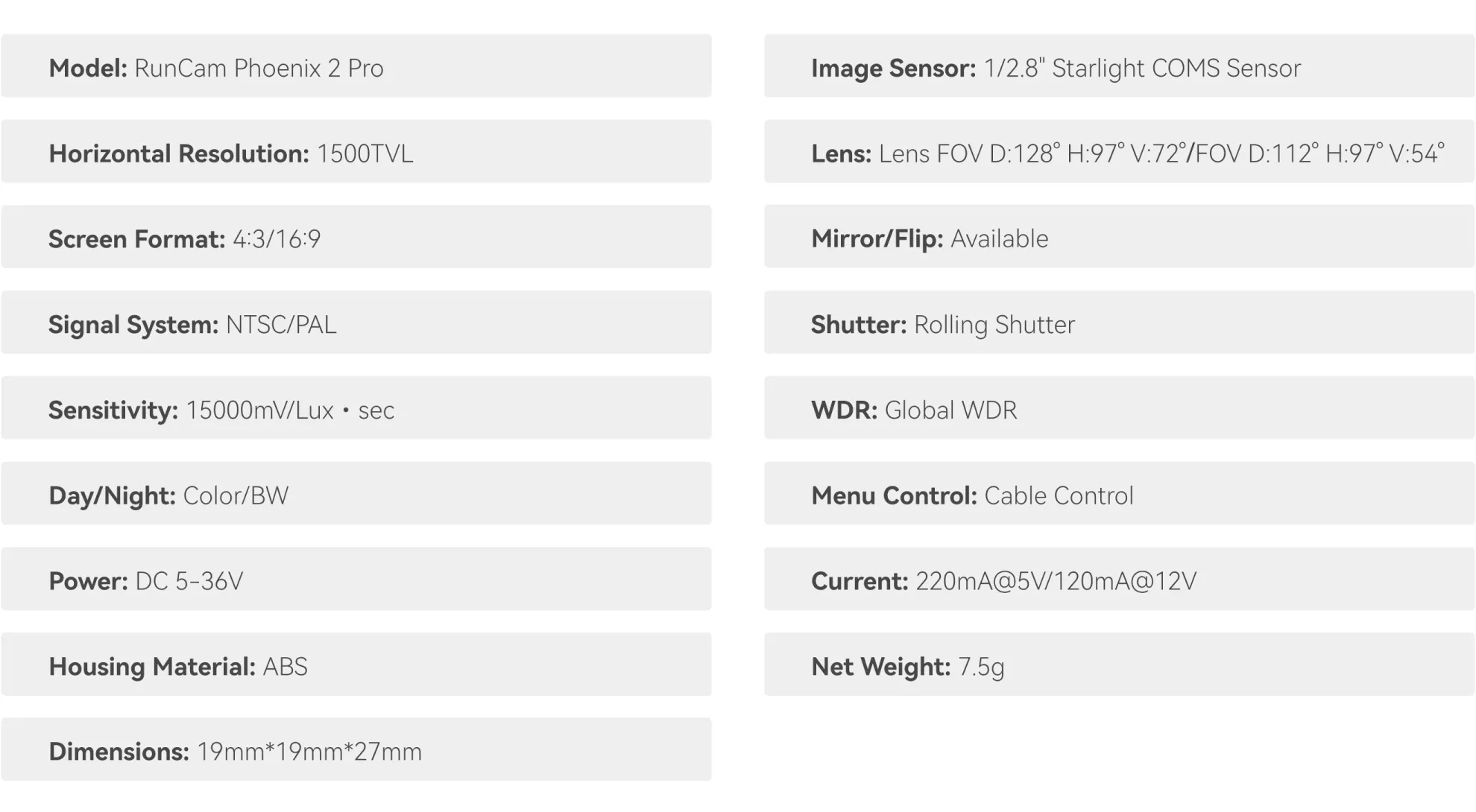RunCam Phoenix 2 Pro-Spezifikationen