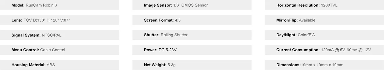 Runcam Robin 3 FPV camera specifications