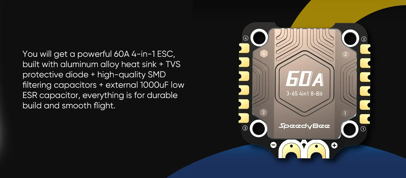 speedybee bls 60a 30x30 4 in 1 esc composition