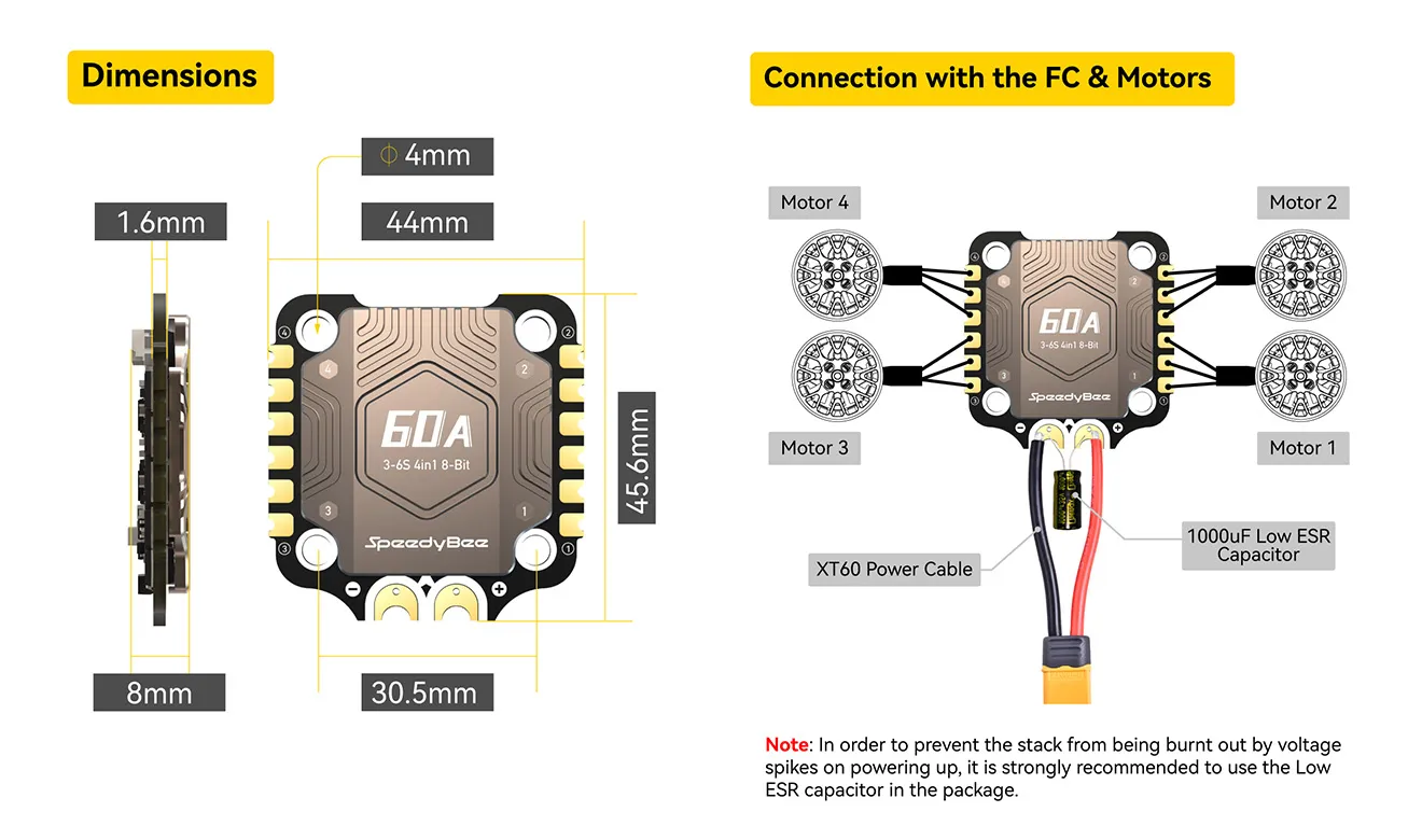 speedybee bls 60a 30x30 4 in 1 esc dimensions and connection