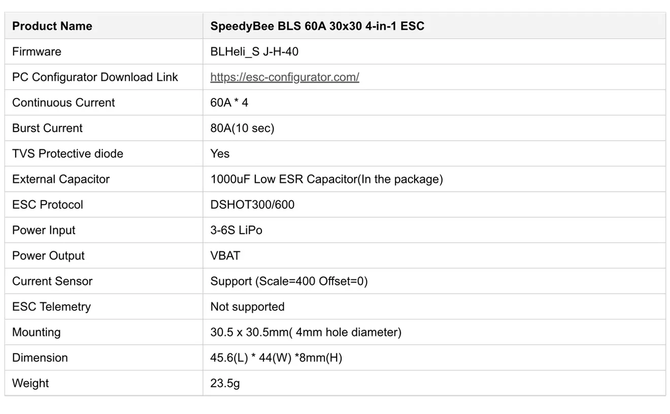 speedybee bls 60a 30x30 4 in 1 esc spec