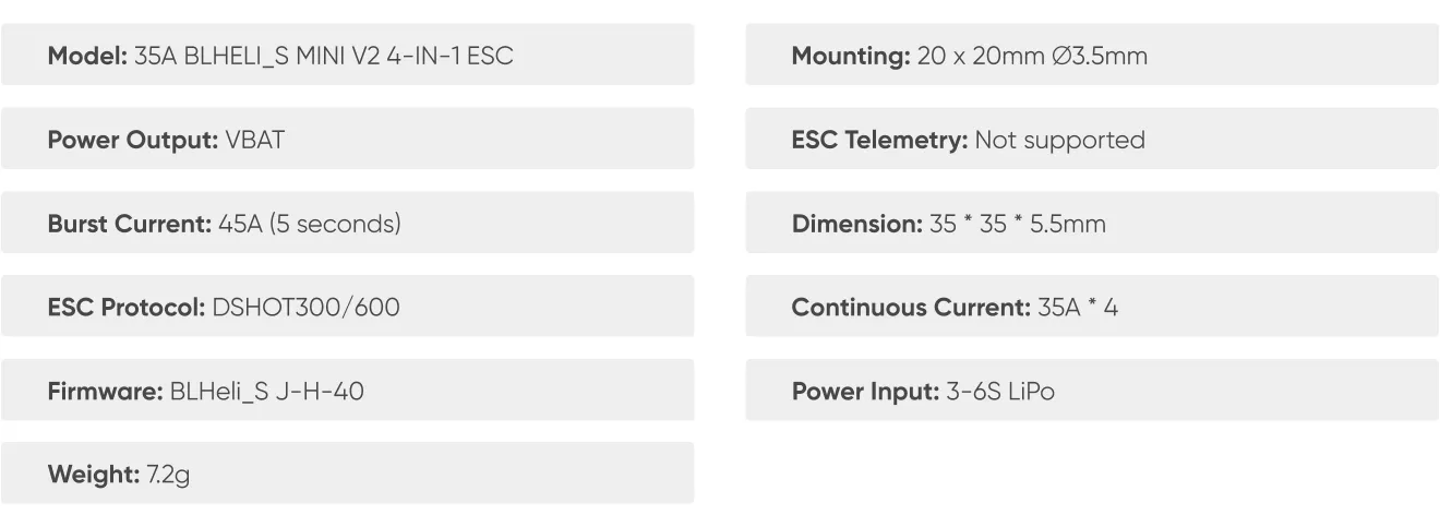 SpeedyBee F405 Mini 35A stack specifications of ESC