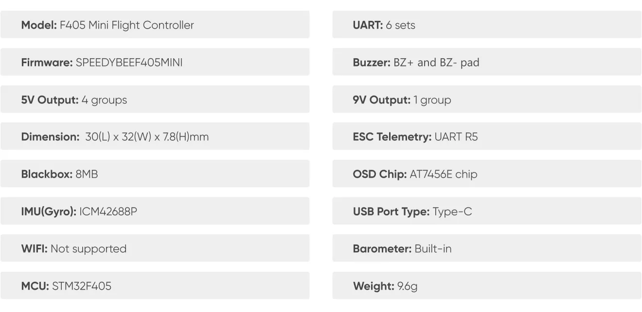 SpeedyBee F405 Mini 35A stack specifications of FC