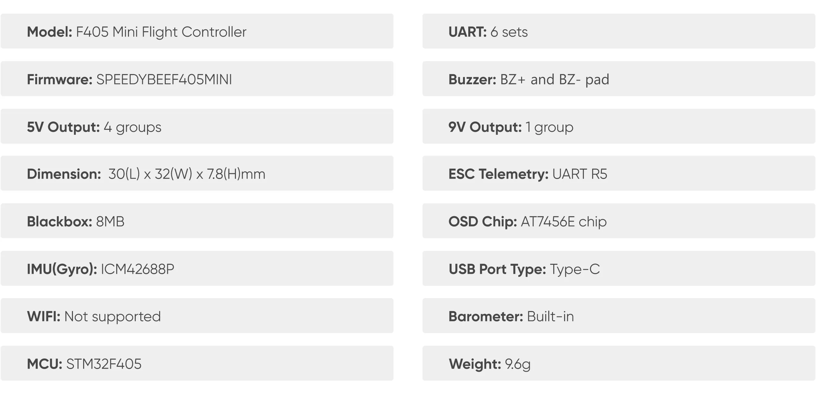 SpeedyBee F405 Mini 35A stack specifications of FC