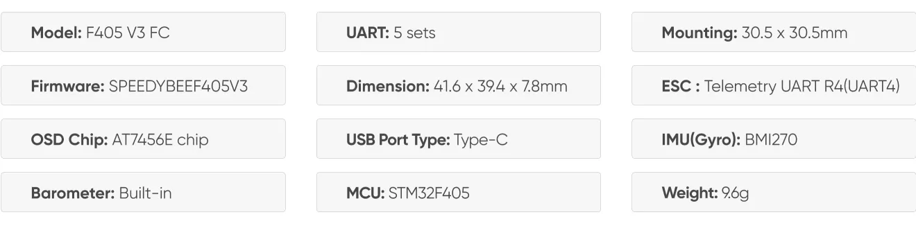 SpeedyBee F405 stack specifications of FC