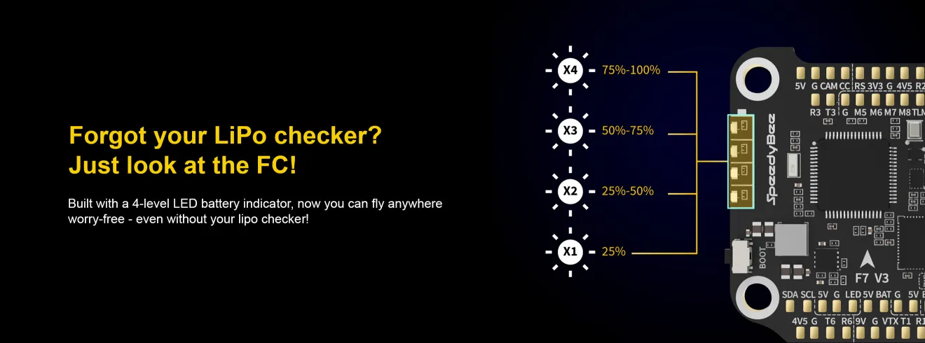 SpeedyBee F7 V3 50A stack with LIPO checker