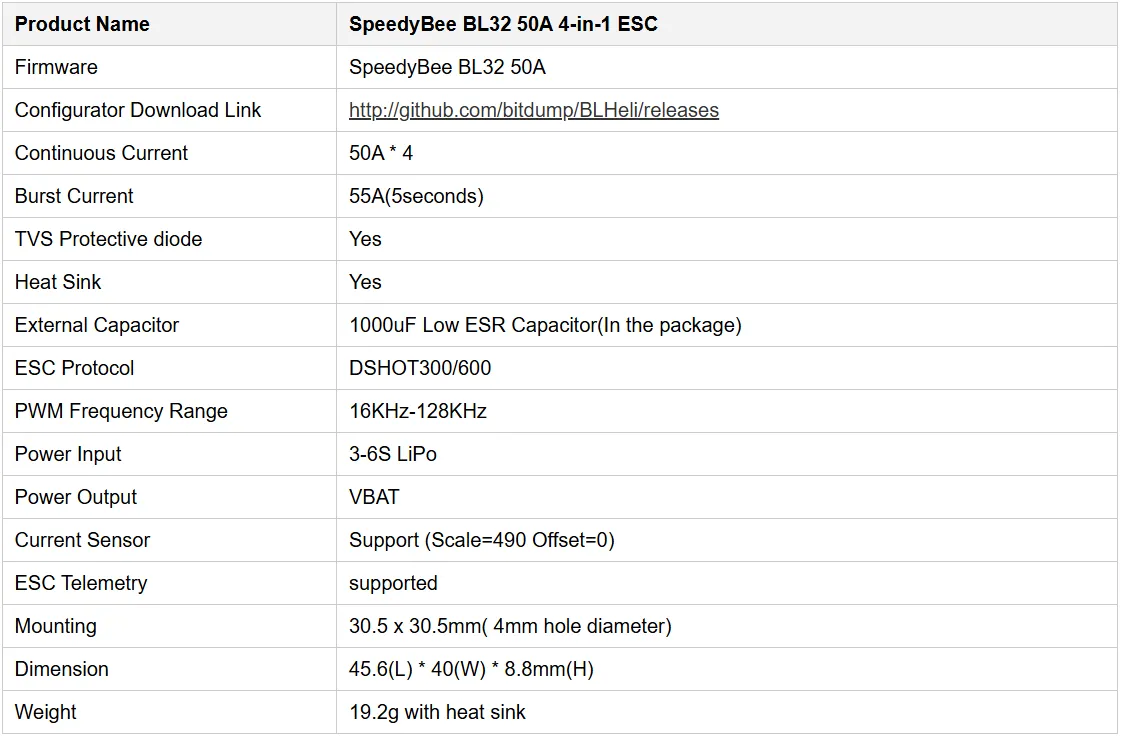speedybee f7 v3 bl32 50a 4 in 1 esc specifications