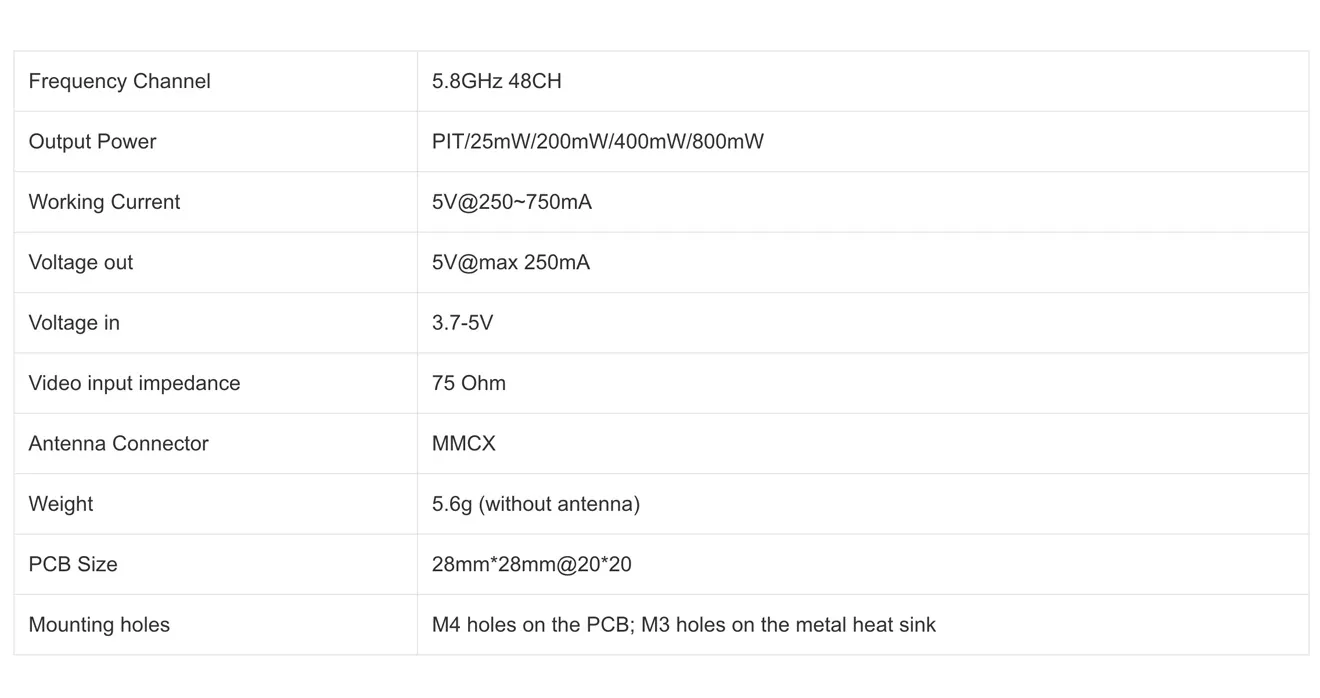 speedybee tx800 5.8ghz vtx spec