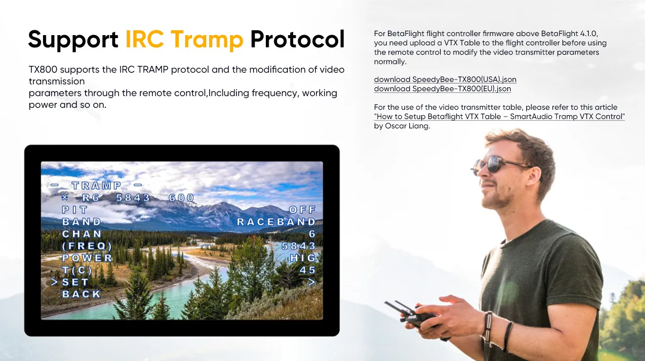 speedybee tx800 5.8ghz vtx support irc tramp protocol