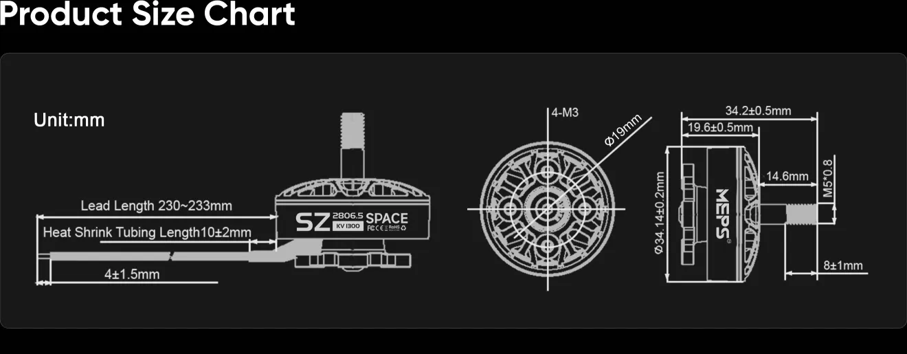 SZ2806.5 brushless motors product size charts