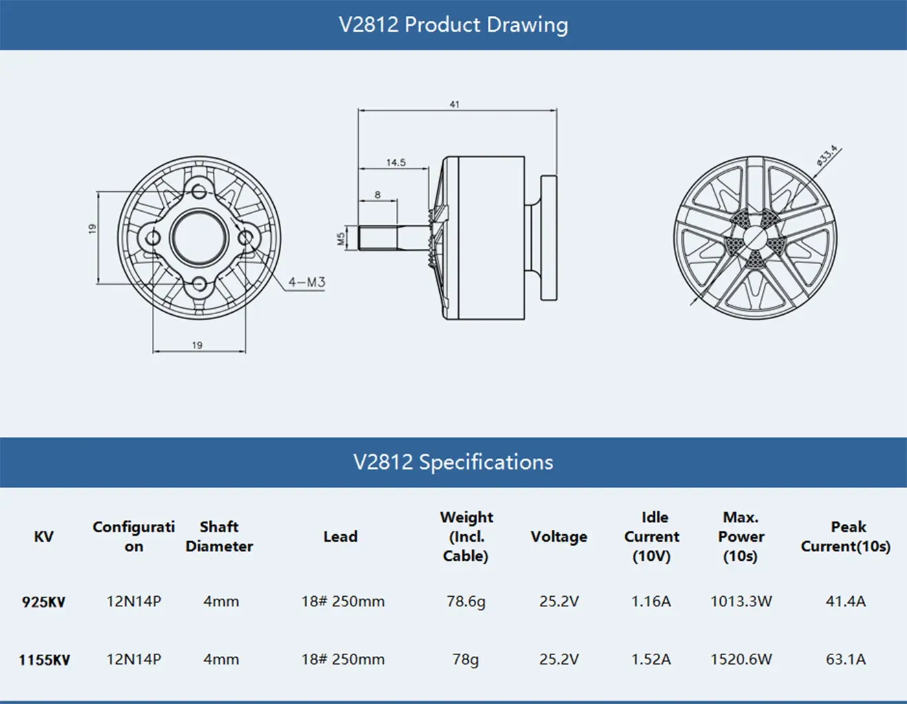 T-Hobby V2812 Cinelifer Motor Product Drawing