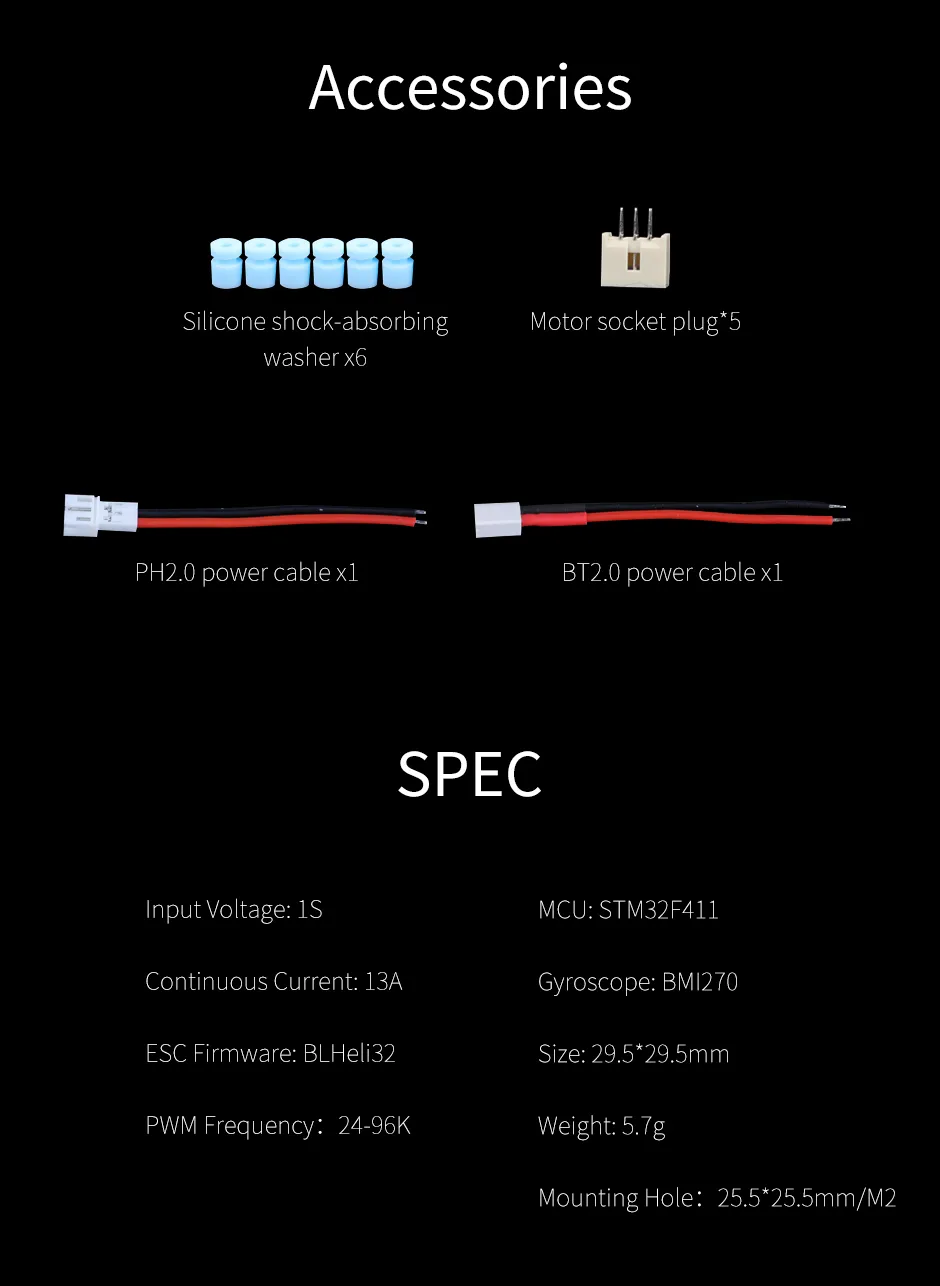 zTMOTOR F411 AIO 1S 13A BL32 of accessories