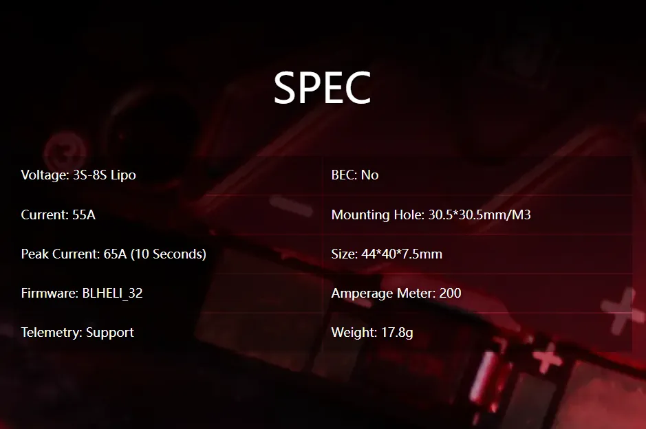 T-MOTOR F55A PRO 8S 4IN1 ESC of spec