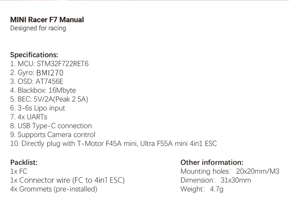 T motor mini racer f7 hd details5 pc