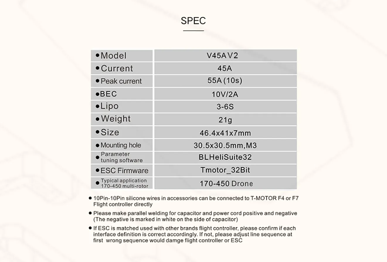 Spec of T-Motor v45a v2 4in1 esc