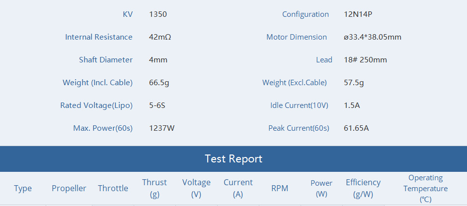 TMOTOR F100 motor specifications