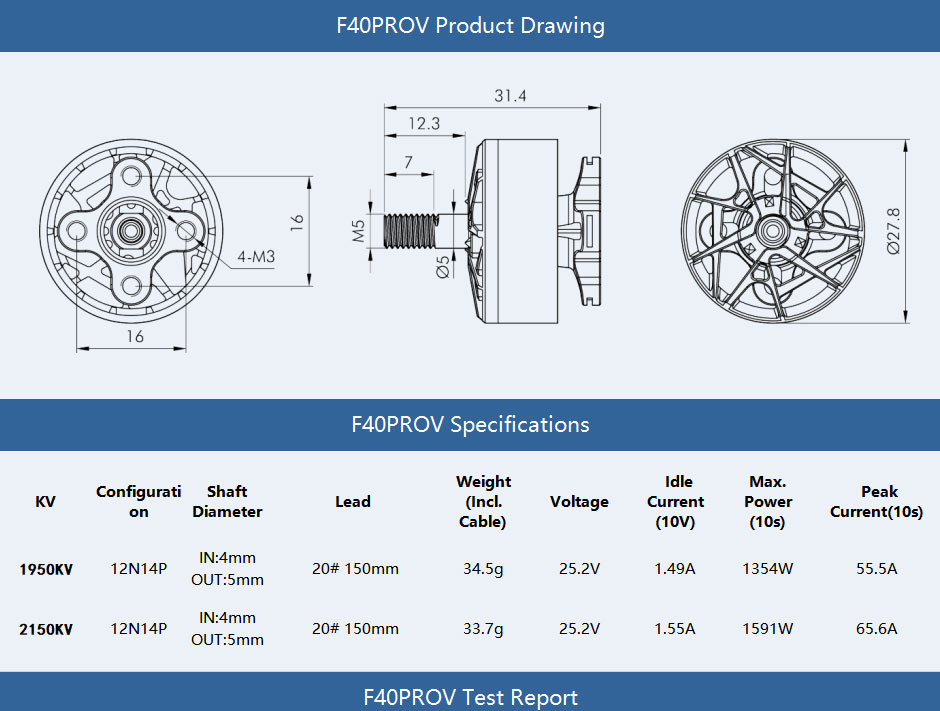 Tmotor F40 PROV 2306.5 FPV motor low temperature flight chart size