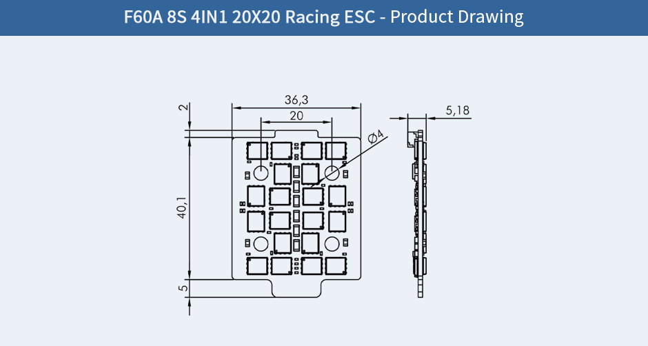 Product drawing for T-Motor f60a 8s 4in1 esc