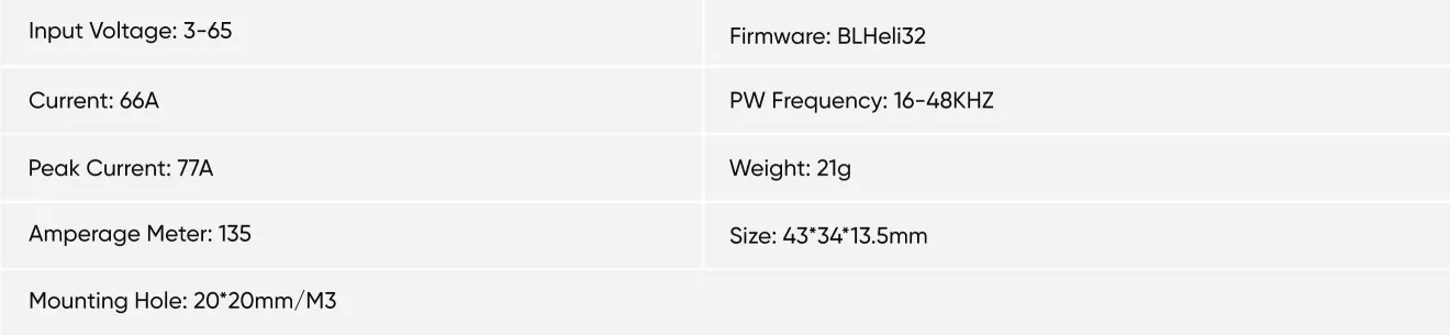 tmotor f66a mini 4in1 esc specification