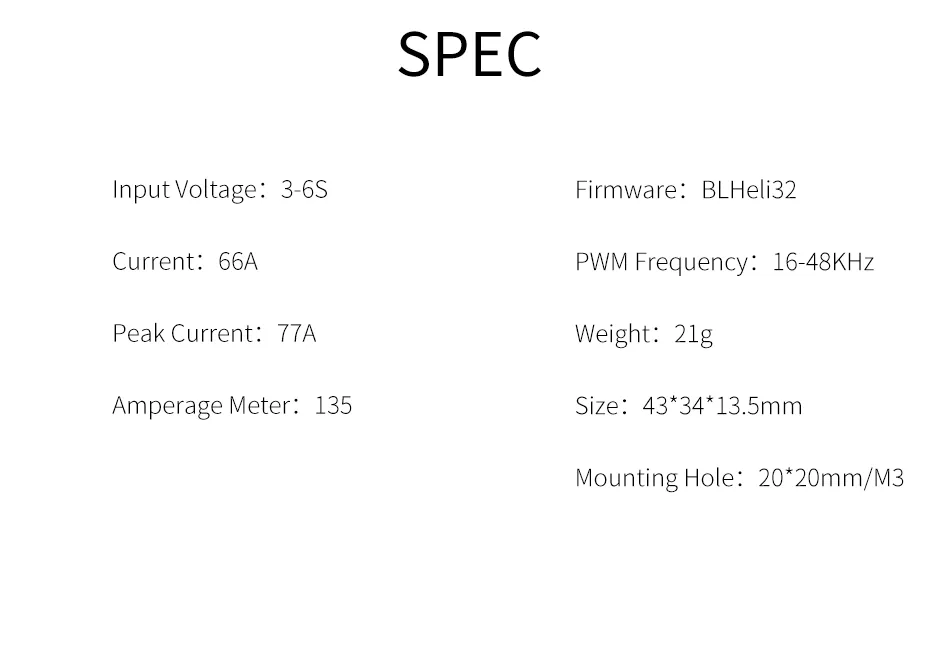 Spec for T-Motor f66a mini 6s 4in1 esc