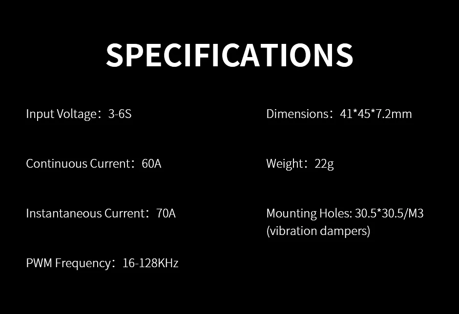 Specifications for T-Motor p60a v2 4in1 esc