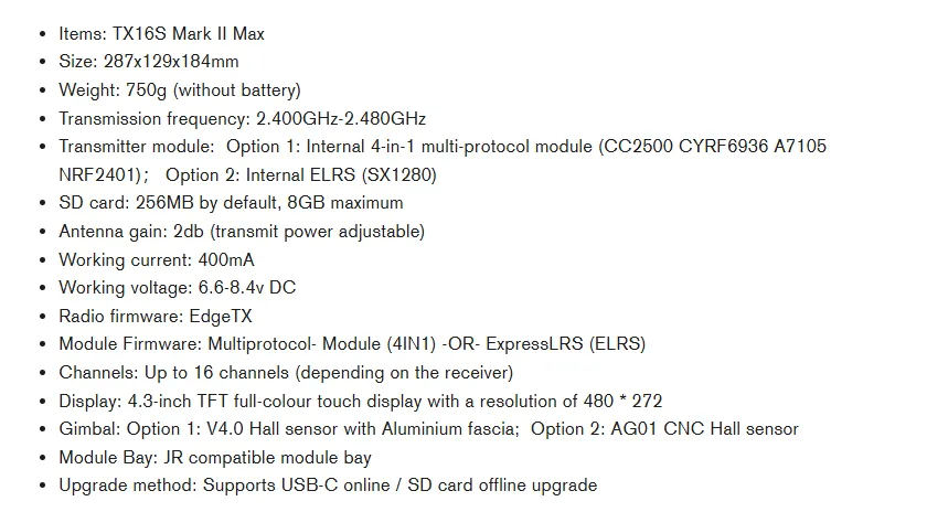 tx16s mark 2 radio controller specification