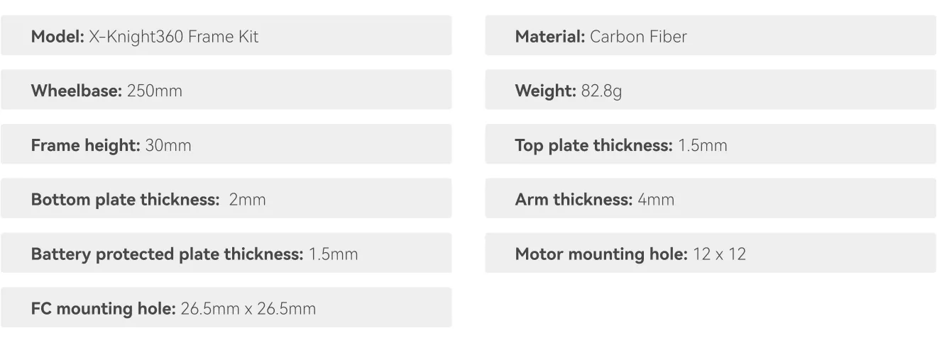 X Knight 360 Carbon Fiber Frame Kit specifications